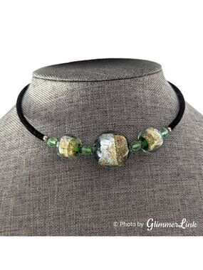 Green Gold Foil Glass Beads Black Velvet Wire Wrapped Choker Necklace